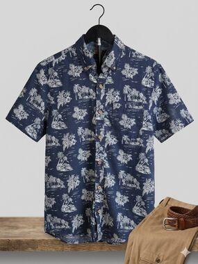Tailor Vintage Men's Navy Tropical Palm Print Button Down Shirt
